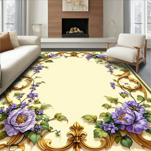 ODIKA 6'x9' Machine Washable Non-Slip Area Rug, Classic Fleur de Filigree with Rococo Floral Accents and Vine Details High Traffic Rug, Ivory, 233026