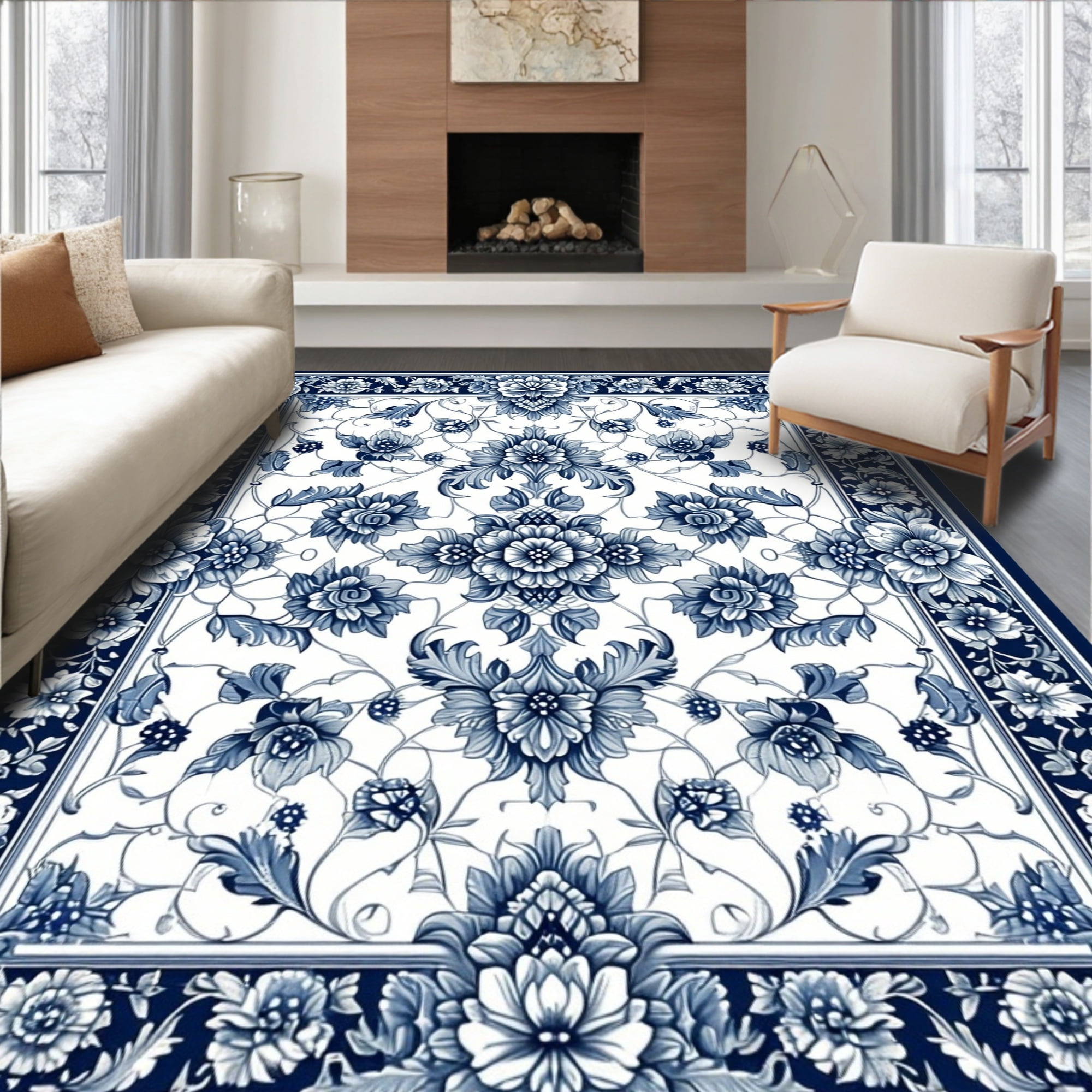 Flatwoven High Traffic Area Rug, Classic Floral Damask with Symmetrical ...