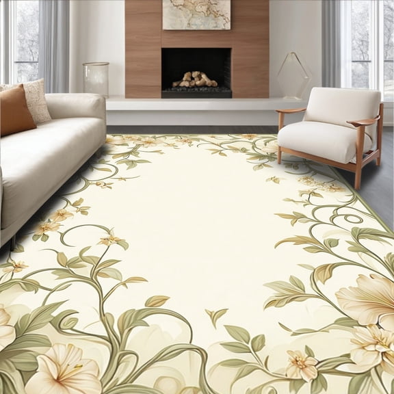 ODIKA 4'x6' Machine Washable Non-Slip Area Rug, Classic Garden Featuring Stylized Bloom Clusters High Traffic Rug, Beige, 204833