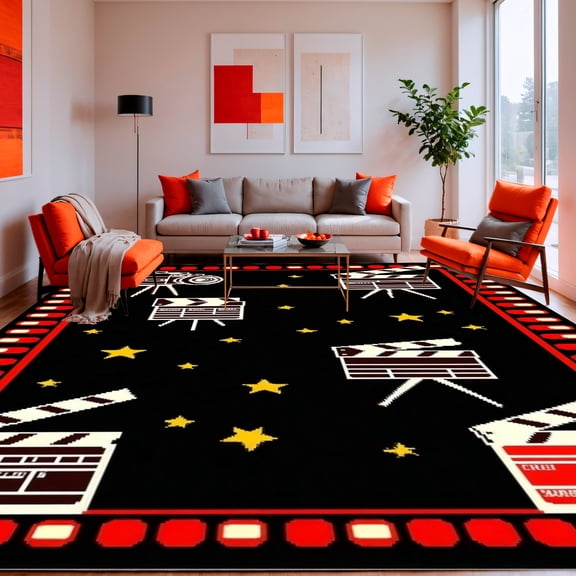 ODIKA 4'x6' Machine Washable Non-Slip Area Rug, Classic Golden Era Doormat With Retro Filmstrip High Traffic Rug, Black, 130764