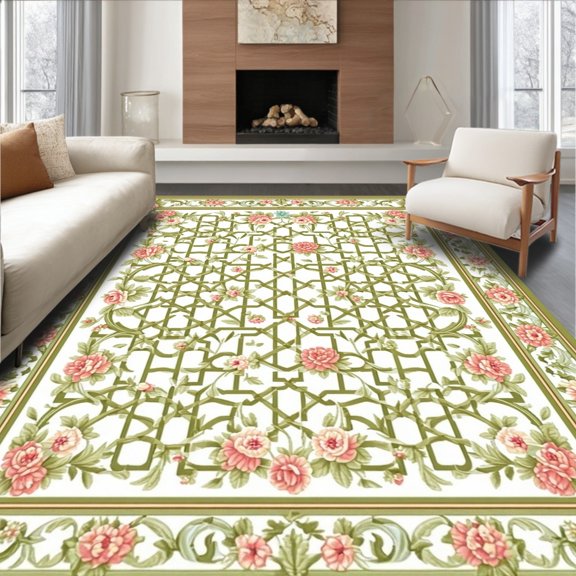 Flatwoven High Traffic Area Rug, Classic Latticework Elegance with Botanical Motifs, Non Slip, Stain Resistant, Washable Area Rugs for Living Room, Bedroom(Ivory, 2X3)