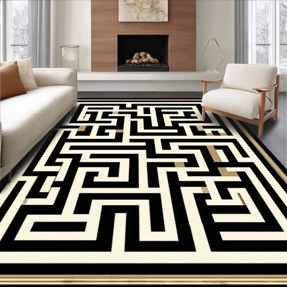 ODIKA 4'x6' Machine Washable Non-Slip Area Rug, Classic Maze Motif With Contrasting Border High Traffic Rug, Beige, 247208