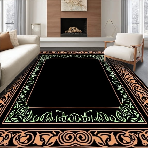 ODIKA 8' Machine Washable Non-Slip Area Rug, Classic Medallion with Black and Green Accents High Traffic Rug, Black, 313911