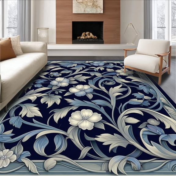 Flatwoven High Traffic Area Rug, Classic Morris Style Floral and Vine Abstract with Scrollwork, Non Slip, Stain Resistant, Washable Area Rugs for Living Room, Bedroom(Blue, 2X3)