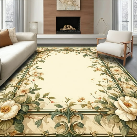 ODIKA 3'x5' Machine Washable Non-Slip Area Rug, Classic Ornamental Frame with Flourishing Floral Accents and Scrollwork High Traffic Rug, Beige, 230331