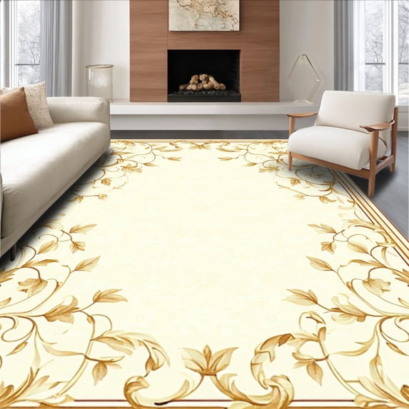 ODIKA 2'x3' Machine Washable Non-Slip Area Rug, Classic Ornamental Scroll With Delicate Vine And Leaf Accents High Traffic Rug, Beige, 134671