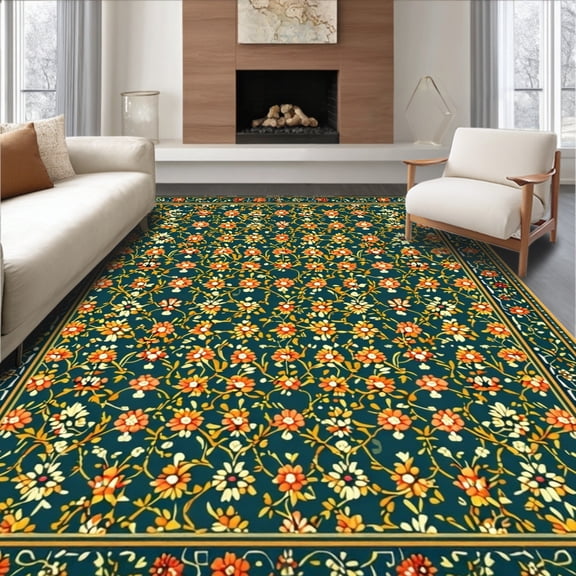Flatwoven High Traffic Area Rug, Classic Ornamental with Symmetrical Vines and Vintage Latticework, Non Slip, Stain Resistant, Washable Area Rugs for Living Room, Bedroom(Dark Green, 2X3)