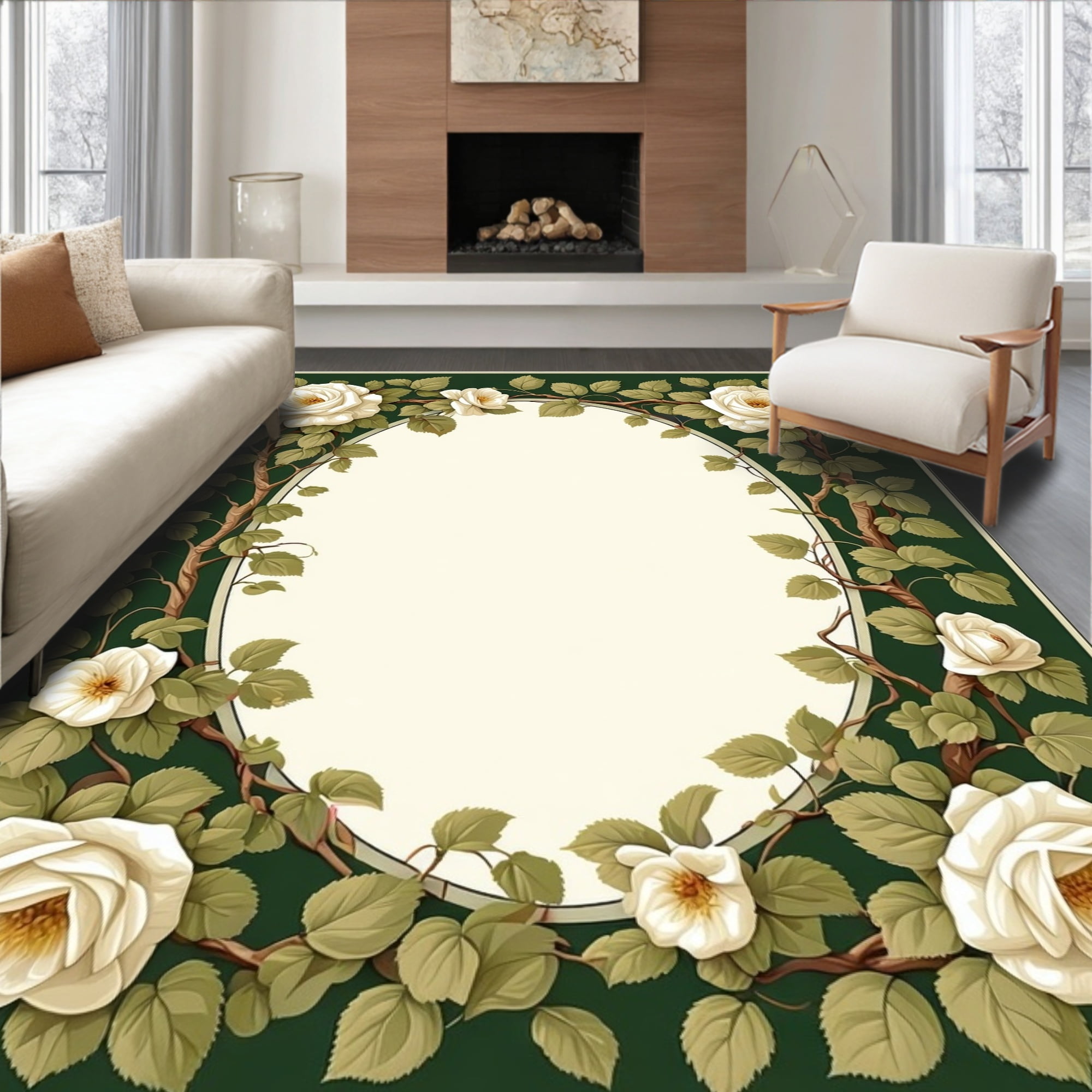 Flatwoven High Traffic Area Rug, Classic Oval Floral Frame with ...