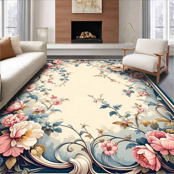 ODIKA 5'x7' Machine Washable Non-Slip Area Rug, Classic Rococo Floral Medley with Faded Petal Motifs and Curved Latticework High Traffic Rug, Pink, 137844