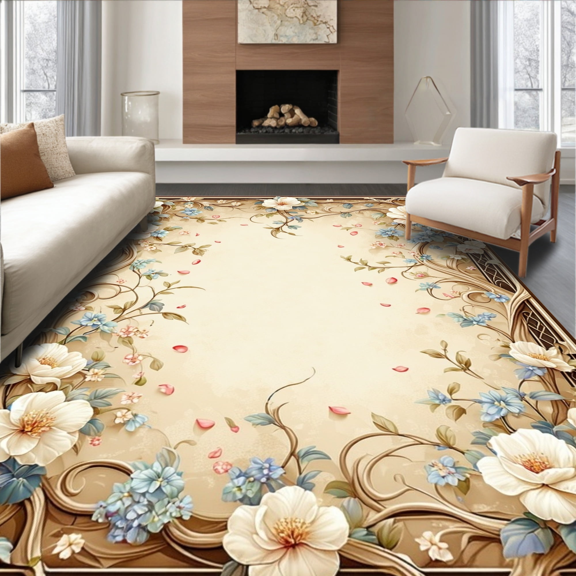 Flatwoven High Traffic Area Rug, Classic Rococo Floral Vine Motif with ...