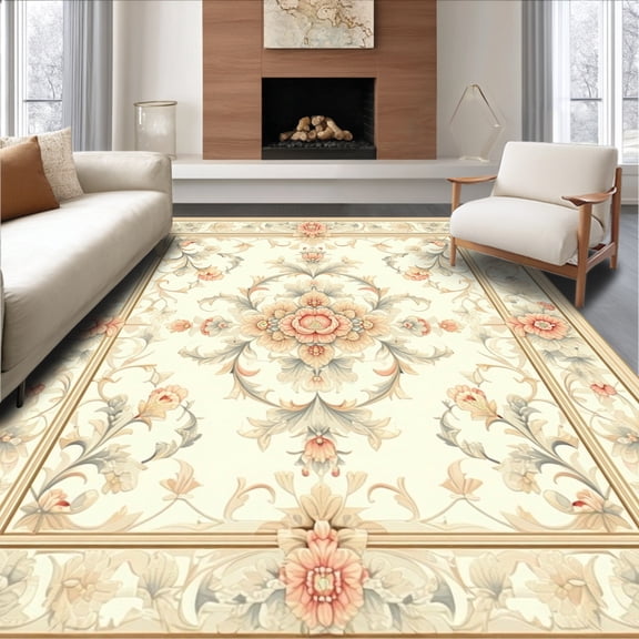 Flatwoven High Traffic Area Rug, Classic Round Rug with Elaborate Floral Swirls and Timeless Medallion Motifs, Non Slip, Stain Resistant, Washable Area Rugs for Living Room, Bedroom(Beige, 6X9)