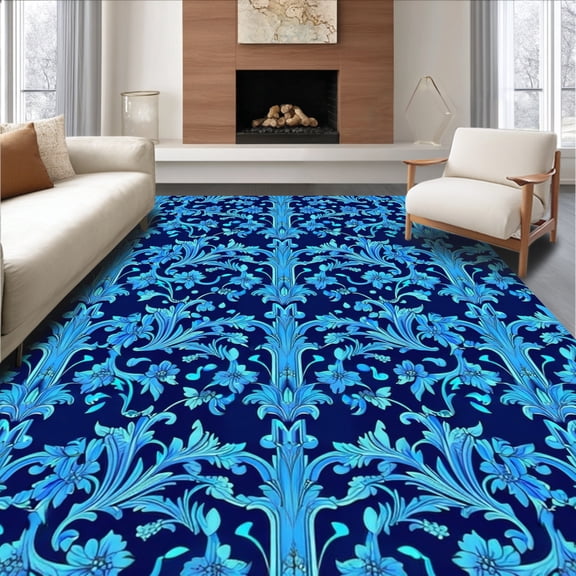 ODIKA 4'x6' Machine Washable Non-Slip Area Rug, Classic Round Subtle Damask High Traffic Rug, Blue, 137865