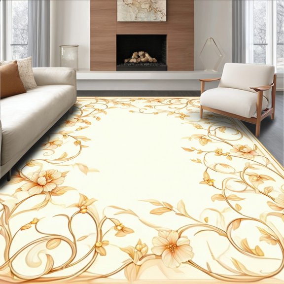 Flatwoven High Traffic Area Rug, Classic Sarouk Motif with Elaborate Floral and Vine Scrollwork, Non Slip, Stain Resistant, Washable Area Rugs for Living Room, Bedroom(Beige, 2X3)