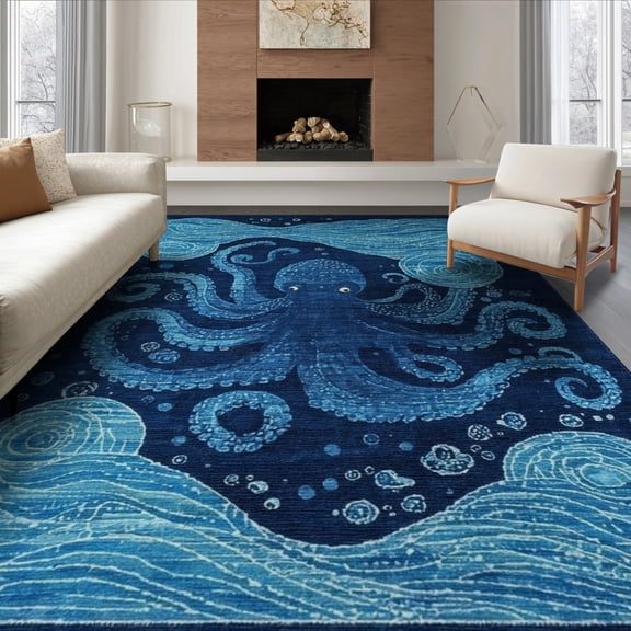 ODIKA 6'x9' Graphic Blue Washable Area Rug Non-Slip, Chair-Friendly, for Dining Room, Under Table, Office Décor