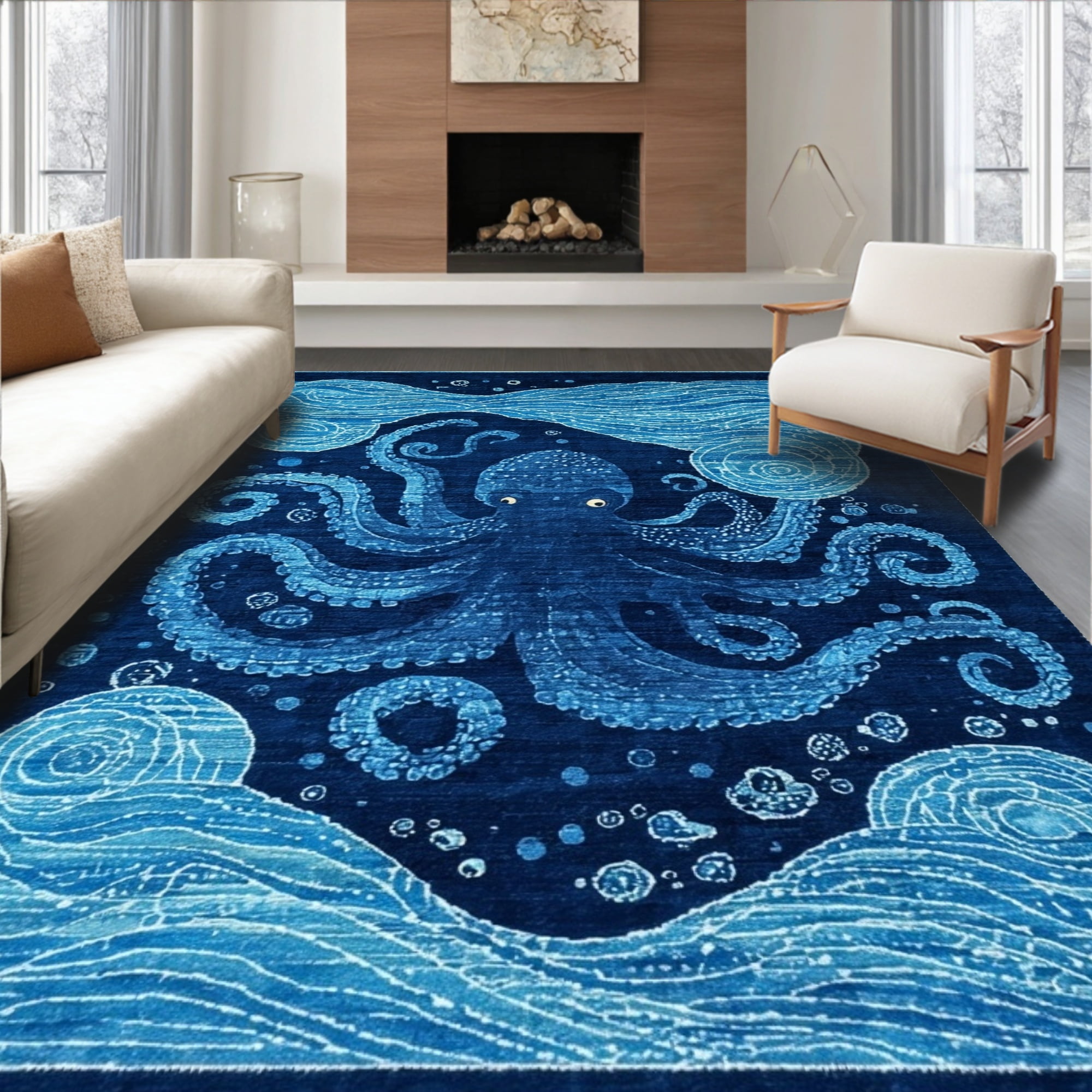 Flatwoven High Traffic Area Rug, Coastal Kraken Adventure Deep Blue Sea ...