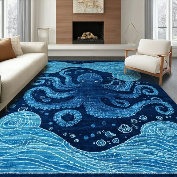 ODIKA 6'x9' Washable Non-Slip Area Rug, Nautical Abstract Kraken Blue Flatwoven Chenille Carpet, Ref: 38765
