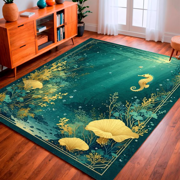 Flatwoven High Traffic Area Rug, Coastal Living Marine Print Runner with Underwater Theme, Non Slip, Stain Resistant, Washable Area Rugs for Living Room, Bedroom(Teal, 2X3)