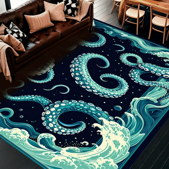 Flatwoven High Traffic Area Rug, Coastal Marine Life Runner with Stylized Kraken Illustration, Non Slip, Stain Resistant, Washable Area Rugs for Living Room, Bedroom(Teal, 4X6)