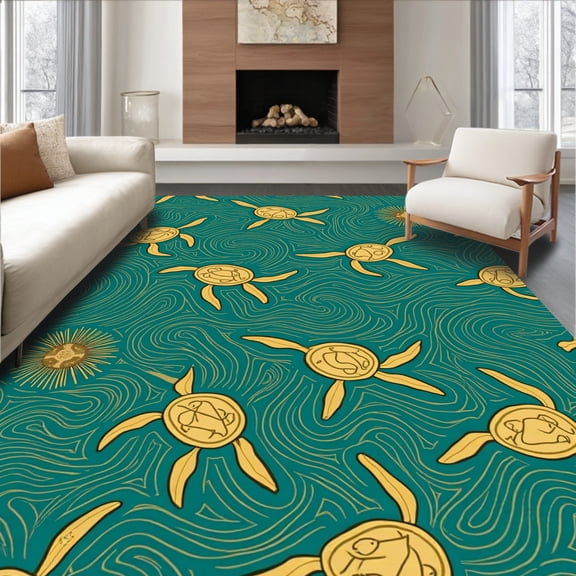 ODIKA 4'x6' Machine Washable Non-Slip Area Rug, Marine Life and Wave Inspired Design High Traffic Rug, Gold, 290064