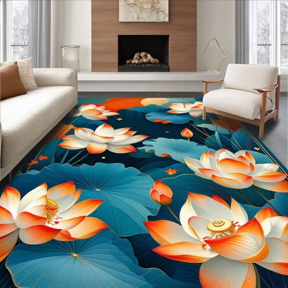 ODIKA 8'x10' Machine Washable Non-Slip Area Rug, Multicolor Floral Arrangement High Traffic Rug, Blue, 14576