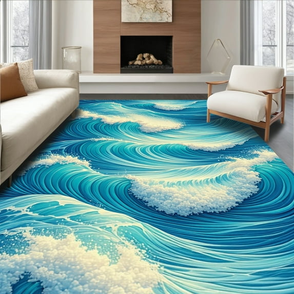 ODIKA 8'x10' Machine Washable Non-Slip Area Rug, Ocean Wave Nursery High Traffic Rug, Blue, 2963