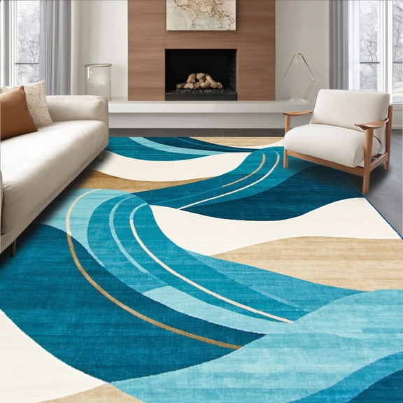 ODIKA 4'x6' Machine Washable Non-Slip Area Rug, Sand Surf Inspired High Traffic Rug, Blue, 20245