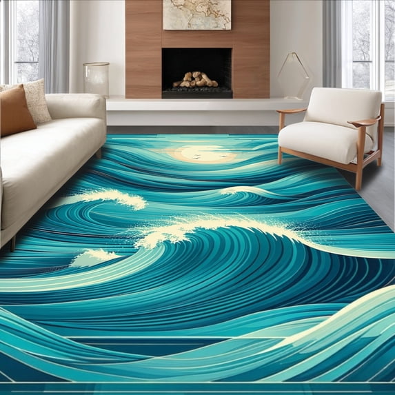 ODIKA 6'x9' Machine Washable Non-Slip Area Rug, Shag Nautical Wave Design High Traffic Rug, Teal, 154442