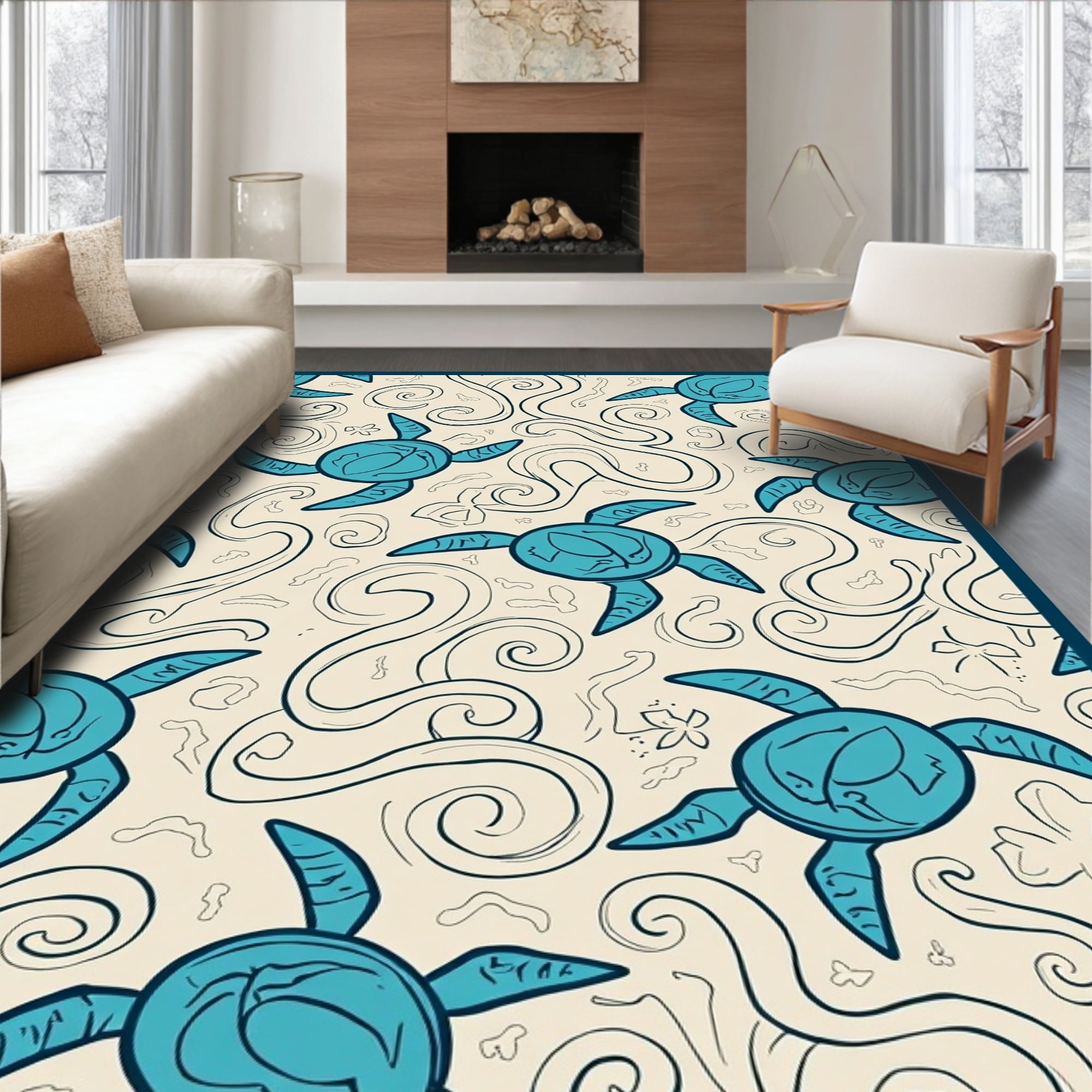 Flatwoven High Traffic Area Rug, Coastal Tidal Shells and Turtle ...