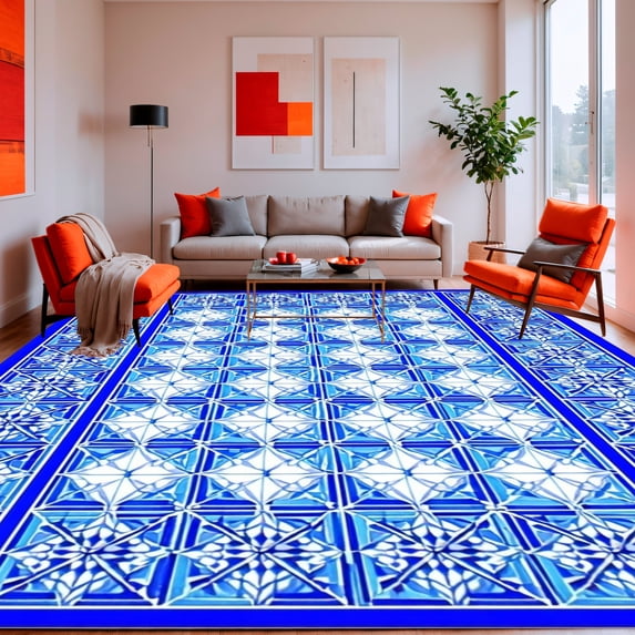ODIKA 4'x6' Machine Washable Non-Slip Area Rug, Cobalt Hearth with Interlocking Mosaic Tiles High Traffic Rug, Blue, 131513