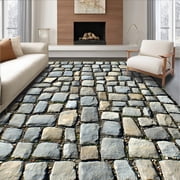 ODIKA 8x10 Machine Washable Non-Slip Area Rug, Cobblestone Pathway with Faux Stone High Traffic Rug, Gray, 67659