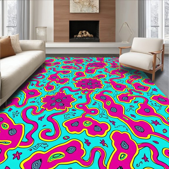 Flatwoven High Traffic Area Rug, Colorful Abstract Floral Swirls With Flowing Petal and Vine Accents, Non Slip, Stain Resistant, Washable Area Rugs for Living Room, Bedroom(Turquoise, 2X3)