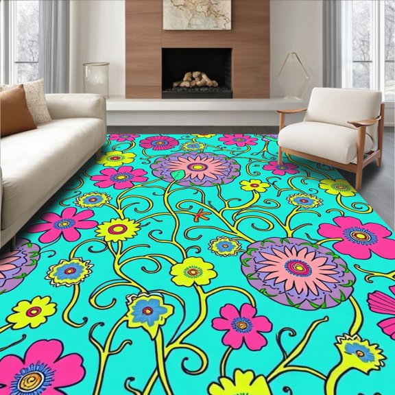 Flatwoven High Traffic Area Rug, Colorful Botanical Swirl Round with Abstract Floral Motifs, Non Slip, Stain Resistant, Washable Area Rugs for Living Room, Bedroom(Turquoise, 2X3)