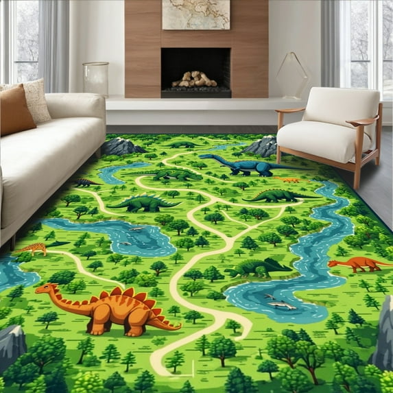 Flatwoven High Traffic Area Rug, Colorful Dinosaur Expedition Route, Non Slip, Stain Resistant, Washable Area Rugs for Living Room, Bedroom(Green, 3x5)