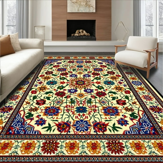 ODIKA 8'x10' Machine Washable Non-Slip Area Rug, Colorful Ethnic Half Round Featuring Mexican Pottery Tile High Traffic Rug, Beige, 66207