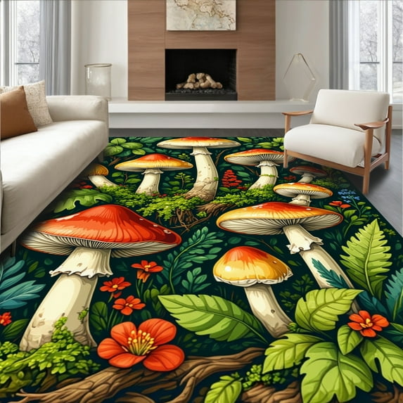 ODIKA 3'x5' Machine Washable Non-Slip Area Rug, Colorful Forest Plants Room Decorative High Traffic Rug, Red, 2067