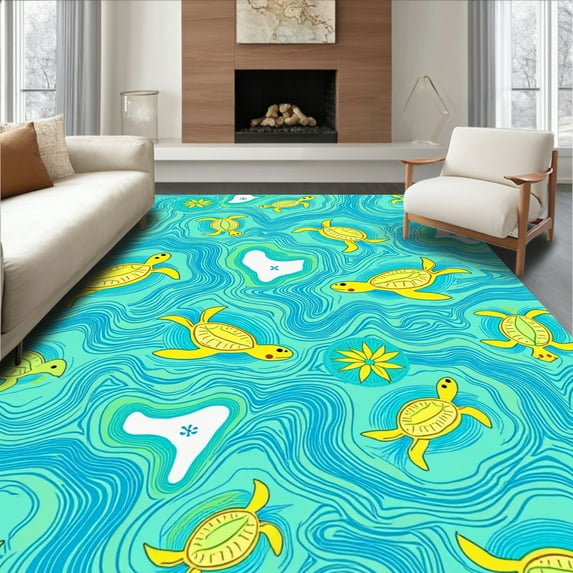 ODIKA 8'x10' Machine Washable Non-Slip Area Rug, Colorful and Wave Design with Aesthetic High Traffic Rug, Blue, 315255