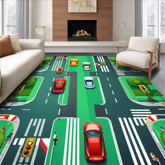 ODIKA 5'x7' Machine Washable Non-Slip Area Rug, Colorful Urban Roadway with Pedestrian Paths Vehicles and Traffic Signals High Traffic Rug, Green, 151391