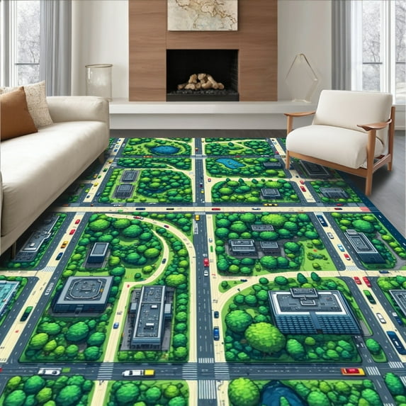 ODIKA 3'x5' Machine Washable Non-Slip Area Rug, Colorful Wilderness Speed for Boys Playroom High Traffic Rug, Green, 2253