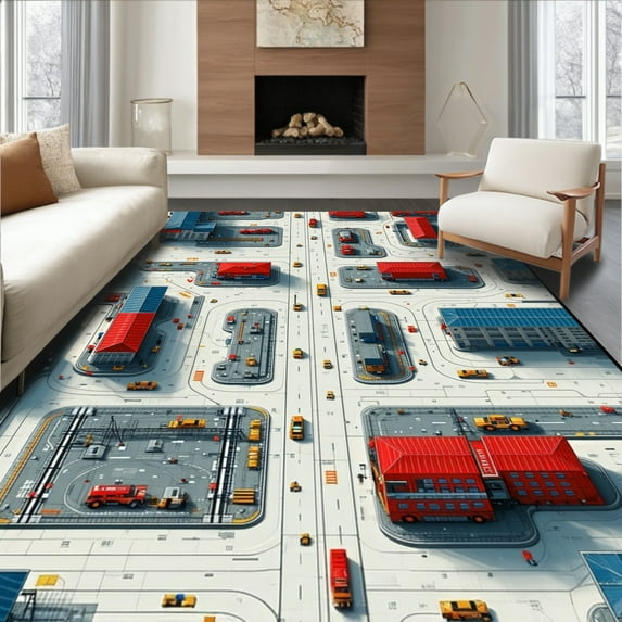 ODIKA 3'x5' Machine Washable Non-Slip Area Rug, Construction Play High Traffic Rug, Red, 83792