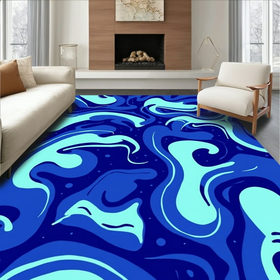 ODIKA 6'x6' Machine Washable Non-Slip Area Rug, Contemporary Abstract Animal Inspired Design Featuring Flowing Shapes High Traffic Rug, Blue, 306549
