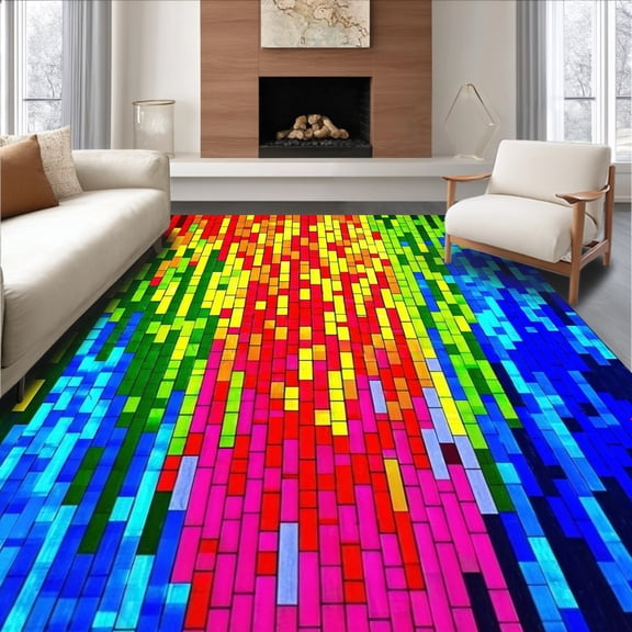 Flatwoven High Traffic Area Rug, Contemporary Abstract Rainbow Mosaic Rug with Irregular Polygon Shapes, Non Slip, Stain Resistant, Washable Area Rugs for Living Room, Bedroom(Red, 2X3)