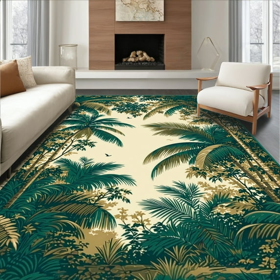 ODIKA 4x6 Machine Washable Non-Slip Area Rug, Tropical High Traffic Rug, Beige, 29397