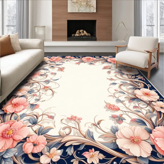 ODIKA 4'x6' Machine Washable Non-Slip Area Rug, Contemporary Floral Medallion with Stylized Blossoms and Swirling Vine Motifs High Traffic Rug, Peach, 276527