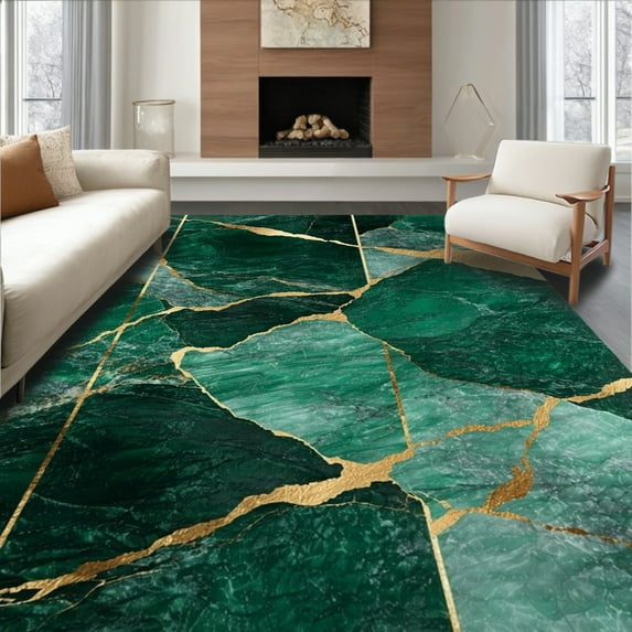 ODIKA 3'x5' Machine Washable Non-Slip Area Rug, Contemporary Green Marble Effect Gold Stripe Abstract Art High Traffic Rug, Green, 94104