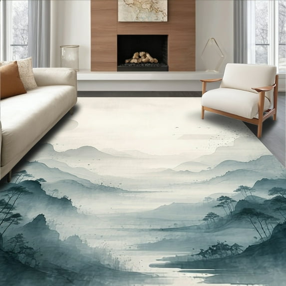 ODIKA 3'x5' Machine Washable Non-Slip Area Rug, Contemporary Horizon with Misty Grey Watercolor Effect High Traffic Rug, Gray, 109917