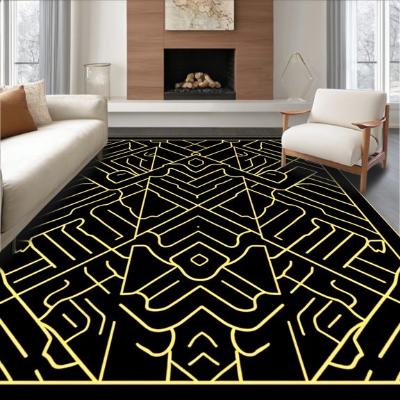 Flatwoven High Traffic Area Rug, Contemporary Interlocking Marble with Metallic Gold Streaks, Non Slip, Stain Resistant, Washable Area Rugs for Living Room, Bedroom(Black, 2X3)