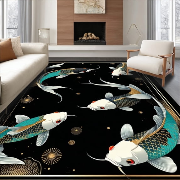ODIKA 4'x6' Machine Washable Non-Slip Area Rug, Contemporary Koi Fish Exquisite Style High Traffic Rug, Blue, 101965