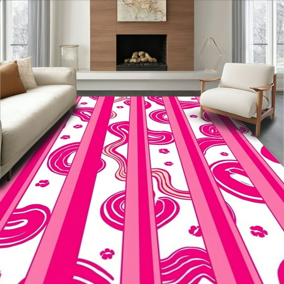 ODIKA 4'x6' Machine Washable Non-Slip Area Rug, Contemporary Lipstick Stripe with Delicate Spot Overlays and Curved High Traffic Rug, Pink, 330231
