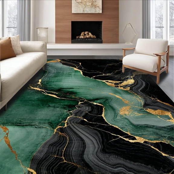 ODIKA 5'x7' Machine Washable Non-Slip Area Rug, Contemporary Marble Design Floor with Elegant Swirls High Traffic Rug, Black, 147092