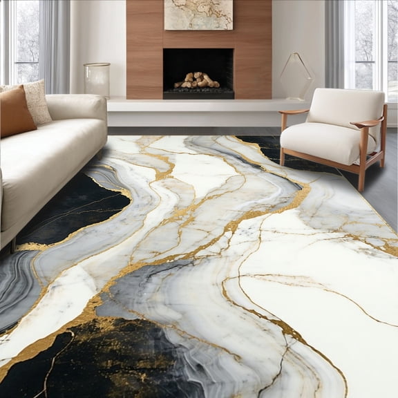 ODIKA 4'x6' Machine Washable Non-Slip Area Rug, Contemporary Marble Vein With Fluid Abstract Swirls And Gradients High Traffic Rug, Black, 135641